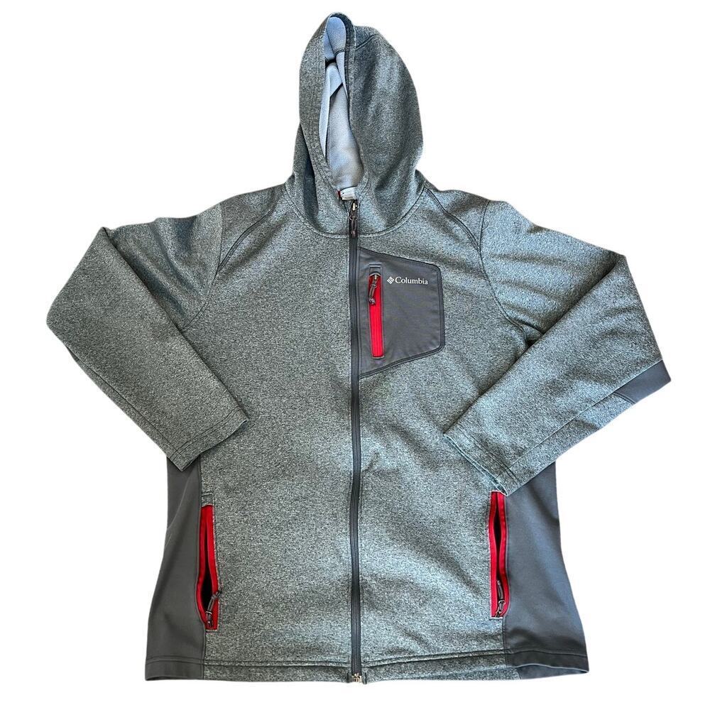Men's Lightweight Columbia Fleece Jacket, Medium, Gray/Red, Hood, Zip Pocket
